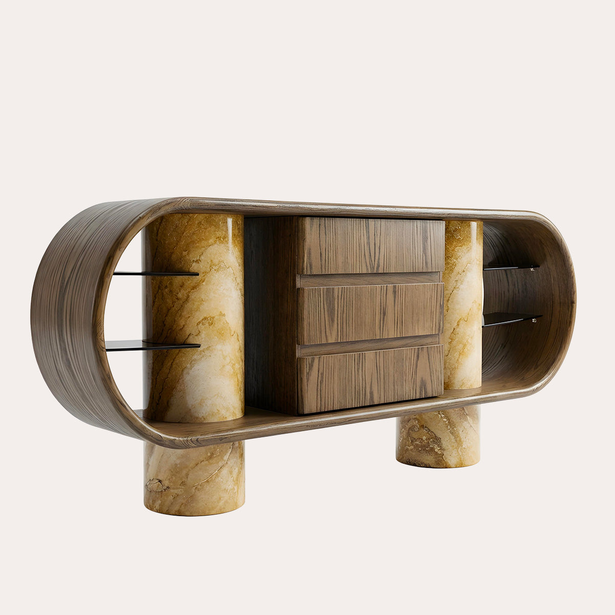 Contemporary Wooden Oak & Travertine MarbleConsole