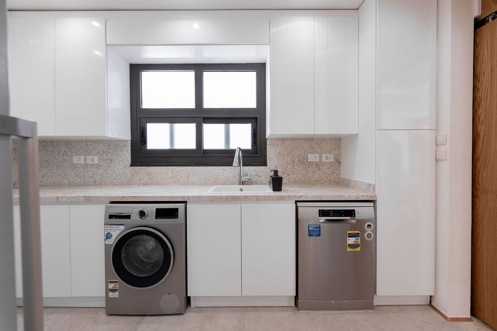 American White Kitchen with Wooden Doors