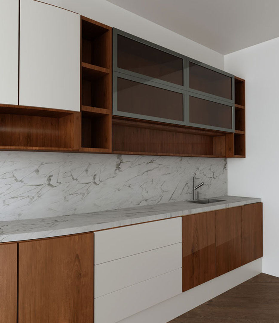 Curved white and Brown Kitchen